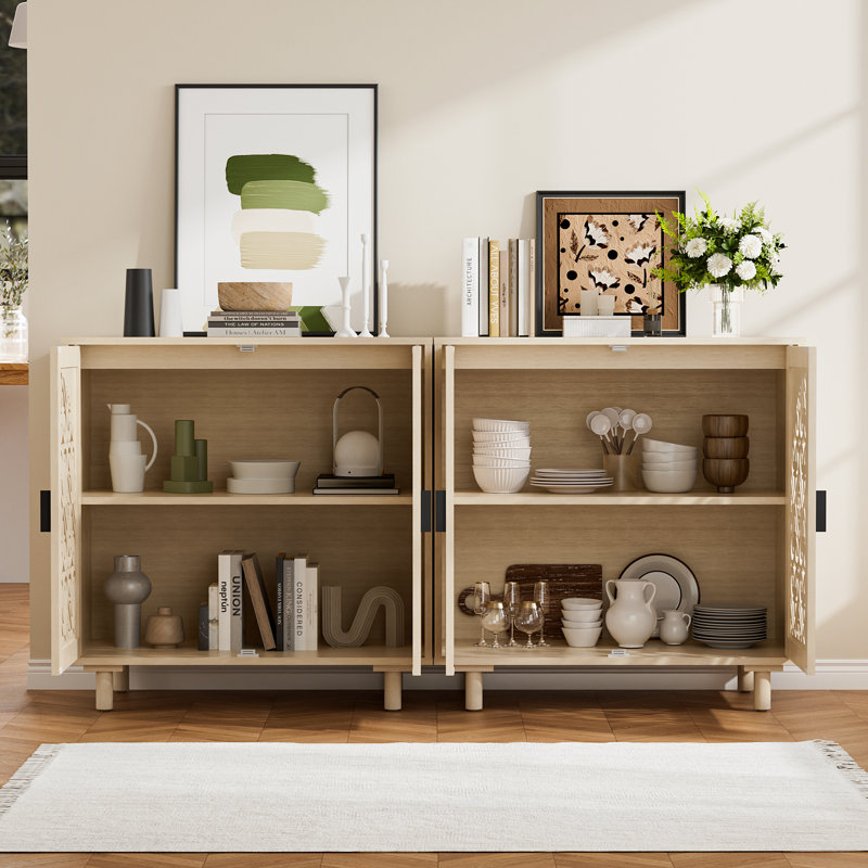Rattan Accent Storage Cabinet With Arched Doors & Gold Handle, Modern Boho Sideboard Buffet Cabinet For Living Room, Entryway, Bedroom