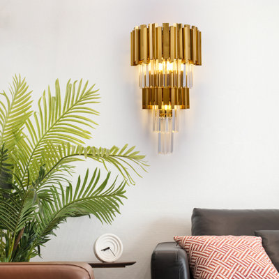 3-Lights Modern Golden Double-Layer Crystal Wall Lamp, H20.47*W11.8*D6.69 Inches, Suitable for Living Room, Dining Room, Bedroom and Bathroom