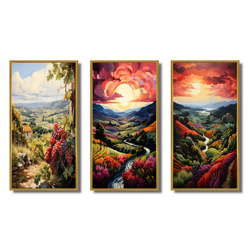 «Vineyard Twilight Bliss», 3 pièces sur toile, Encadrement doré, H 28 po x l 36 po