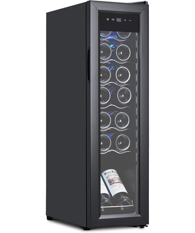14 Bottle Wine Fridge, Mini Wine Cooler Refrigerator with Precision Digital Control, Triple Pane UV-Protected Glass Door & Blue LED, Quiet Freestanding Wine Cooler for Home, Office, Kitchen