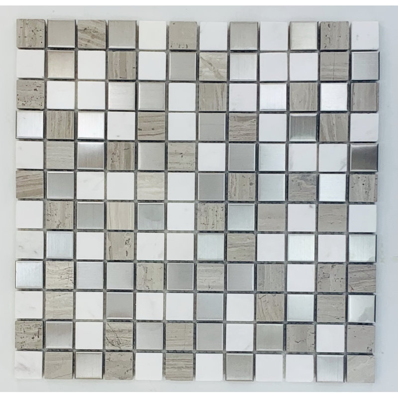 1" x 1" Mixed Material Mosaic Tile, Gray/White
