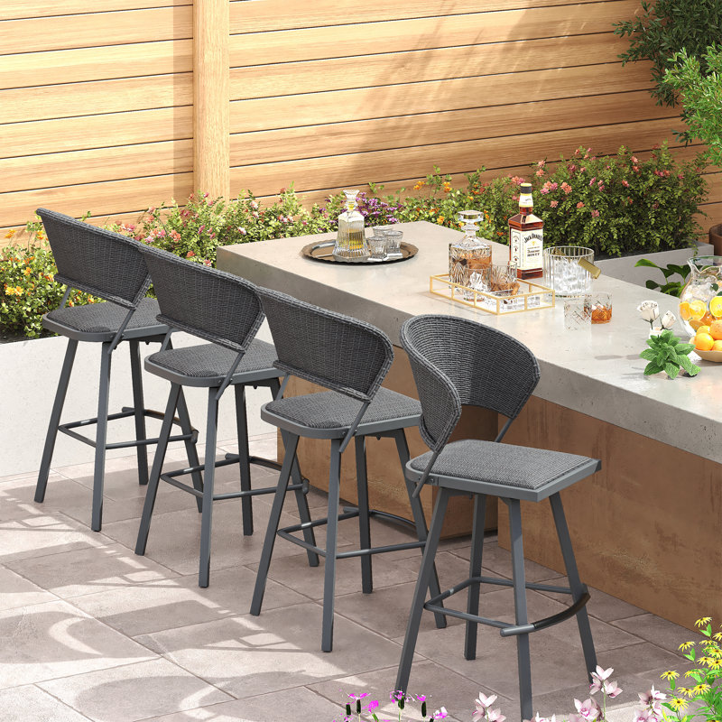 Patio Swivel Bar Chairs with Wicker Padded Chair Seat, Gray