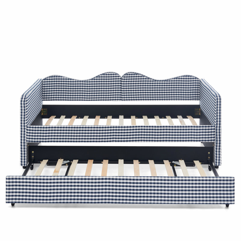 Upholstered Daybed with Pull-Out Trundle Bed Frame, Side Storage Pocket, Solid Wood Frame Sofa Bed for Guest Bedroom