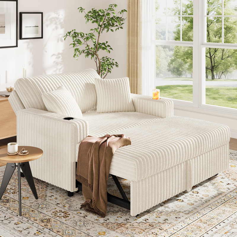 Pull Out Sofa Bed with Chaise Lounge, Vertical White Corduroy Fabric