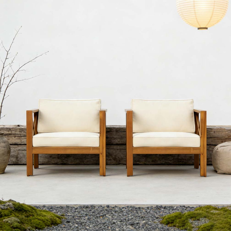 Outdoor Acacia Wood Club Wooden Armchair with Cushions, Beige