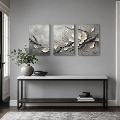 «Oyster Shells and Driftwood in Grey and Gold», ensemble de 3 toiles d'art