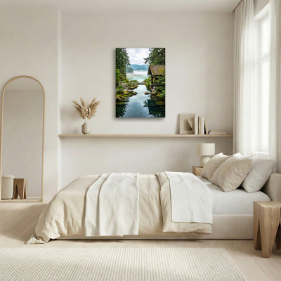 Art mural sur toile Misty Mountains Stream and Wooden Well