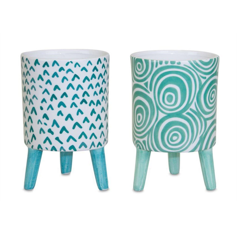 Set of Two Aqua Teal And White Ceramic 2 Ounce Chevron Round Distressed Pot Planters