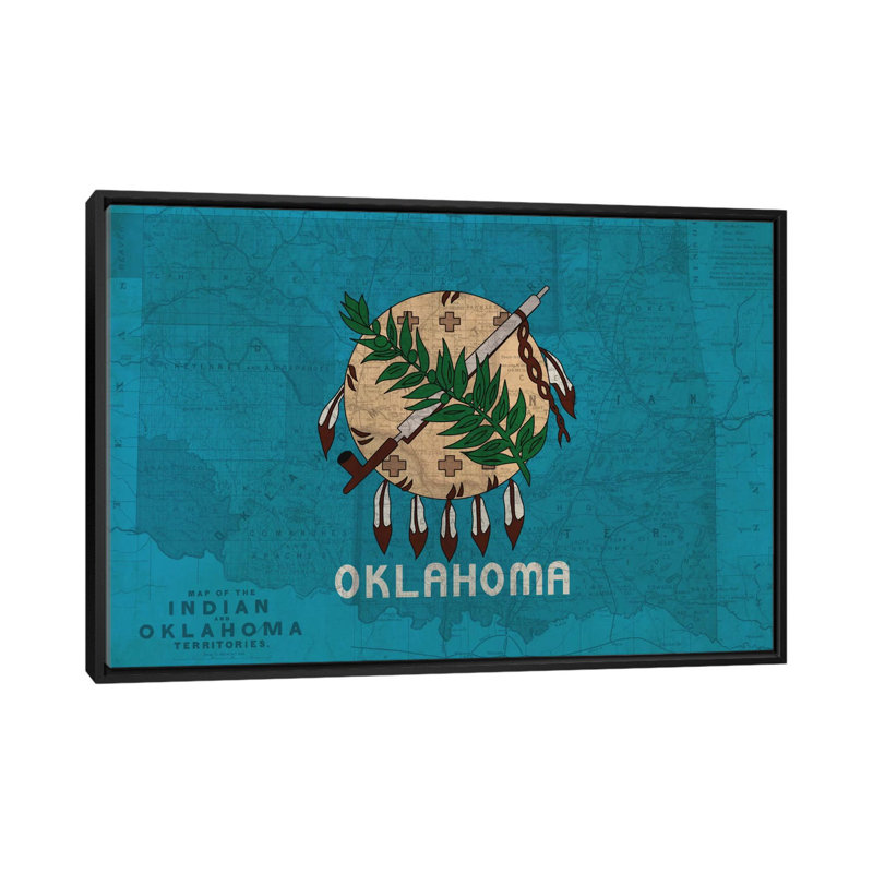 «Flags Oklahoma Map», impression sur toile, H 18 po x l 26 po x P 1,5 po, Toile avec cadre noir, Pas de tapis