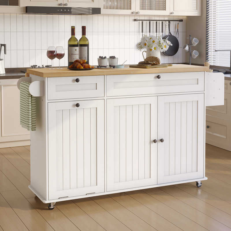 Jamera 60.2"W Kitchen Island with Two Large Storage Cabinets And Drawers, Locking Wheels, Oak/White