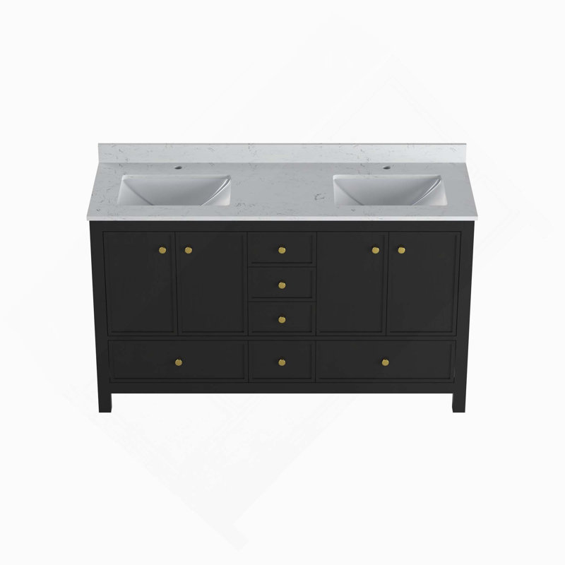 Meuble-lavabo double avec portes et tiroirs, Noir, 60"