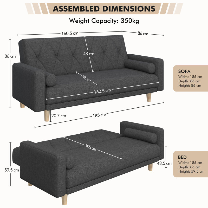 Tufted 3 Seater Sofa Bed, Polyester - Black