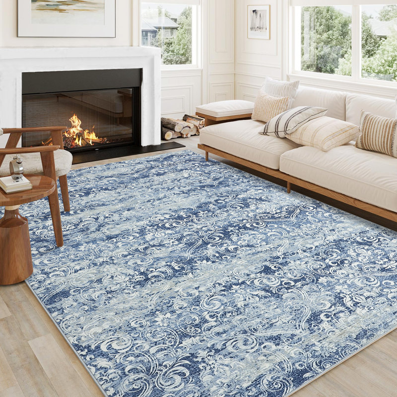 Floral Machine Washable Rug with Rubber Backing for Living Room Large Non-Slip Dining Room Rug Easy-Cleaning Floor Carpet for Bedroom Office Nursery Playroom