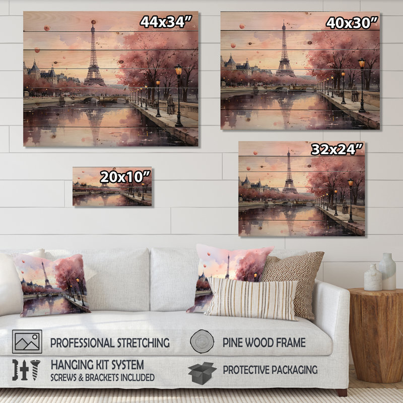 «Pink Twilight Rendezvous In Paris II», reproduction sur bois, H 10 po x l 20 po x P 0,78 po