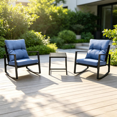 3 Pieces Patio Bistro Set Outdoor Rocking Chair W Blue Cushion for Yard Garden Poolside