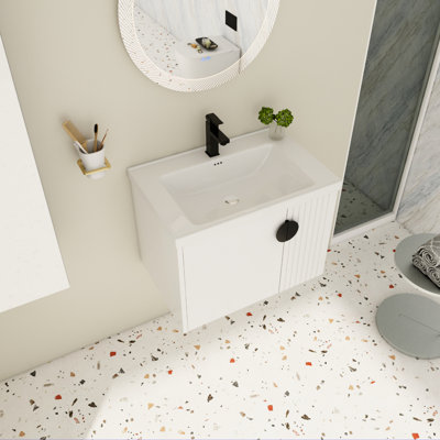Armoire de salle de bain avec lavabo mural en céramique de 28 pouces, baignoire moderne, petite porte à fermeture en douceur