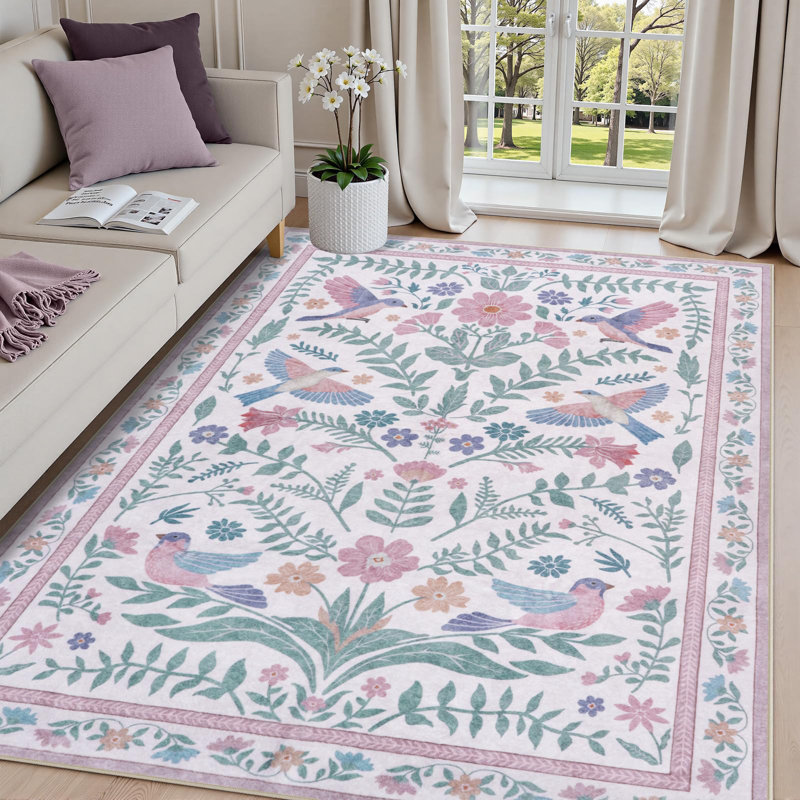 Boho Washable Area Rugs for Bedroom Non-Slip Vintage Large Living Room Rug Floral Birds Mat, Rectangle 6' x 9'