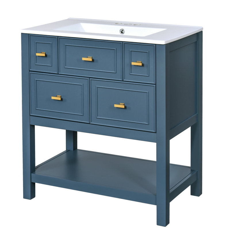 Meuble-lavabo 30 po avec lavabo en céramique - bleu moderne, 5 tiroirs en bois massif bleu, Blue
