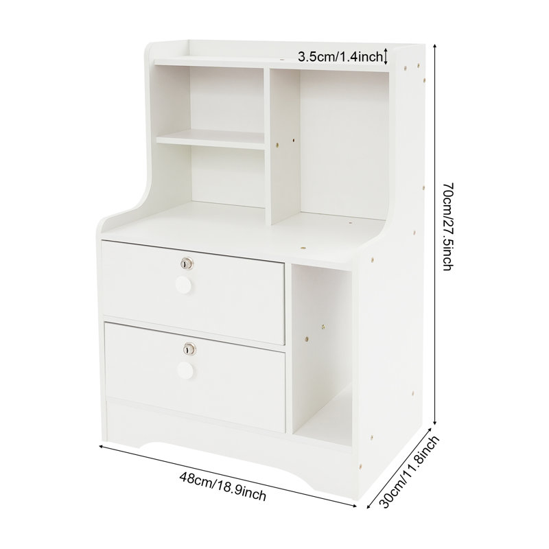 27.5" Tall Modern White Nightstand with Lockable Drawer, 2-Drawer Bedside Table with Open Display Shelves & Guardrail
