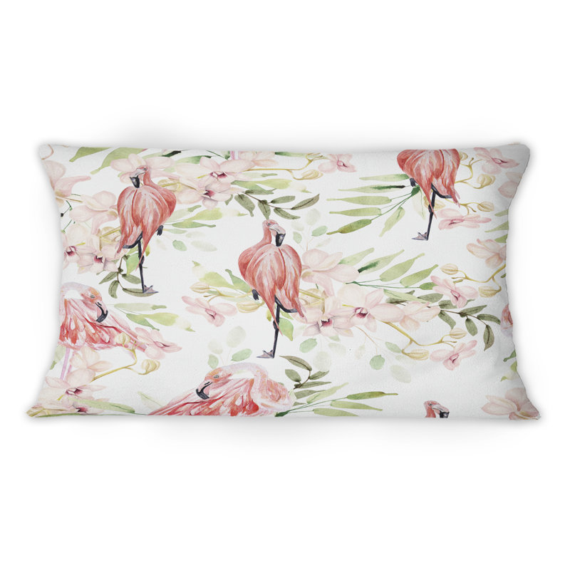 Coussin décoratif à motif vif avec motif de fleurs lumineuses et oiseaux flamants