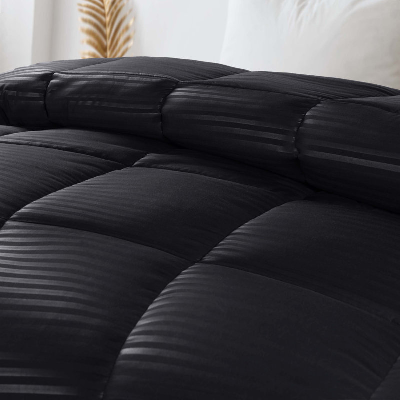 Striped Reversible Box-Quilt Brushed Microfiber Medium Weight Down Alternative Comforter, Black, Full/Queen Comforter