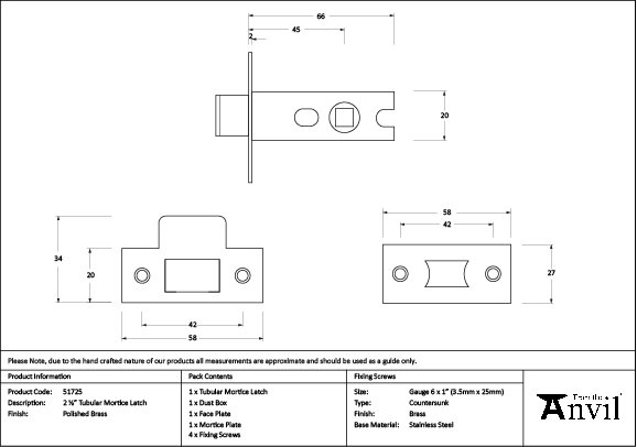 Tubular Mortice Latch, Polished Brass
