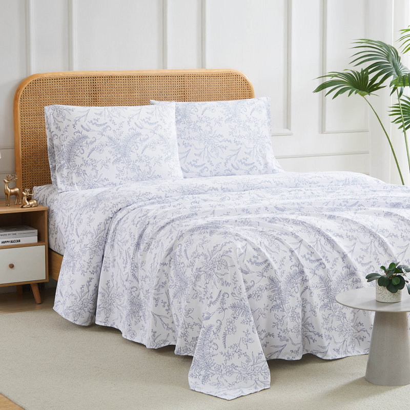 Ensemble de draps en microfibre Winter Brush, Simple, Blanc / fleurs bleues