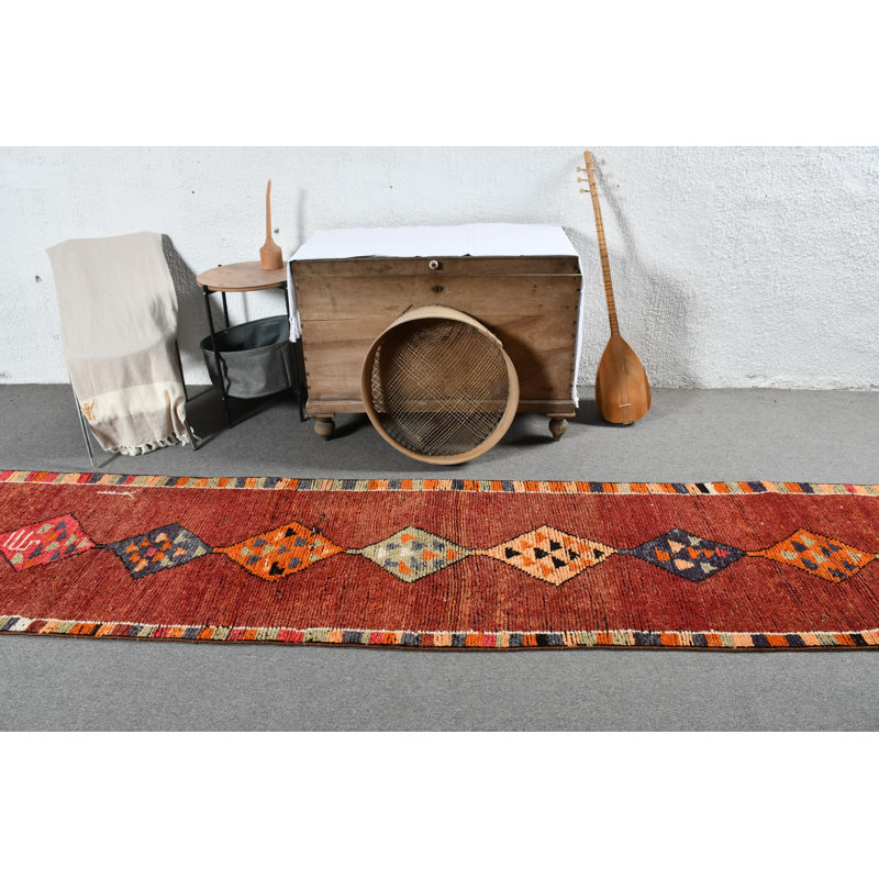 Tapis de style kilim turc rétro en laine pour décoration bohémienne avec motifs géométriques rouges / rouges / orange