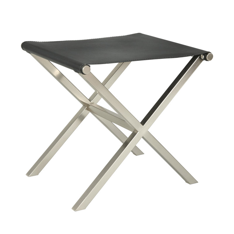 Repose-pieds rectangulaire en similicuir de 19 po de large Caistance, Nickel brossé avec faux cuir noir