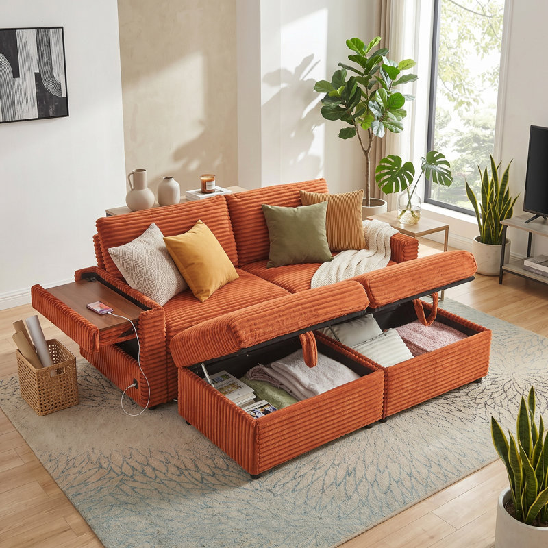 Comfortable Fluffy Corduroy Lazy Big Loveseat Couch, Super Soft Chaise Lounge 2-Seater Sofa with Double Storage Ottomans, Table Board & USB Port for Living Room