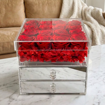 Boîte à roses en acrylique préservée, 16 roses, deux tiroirs, miroir en acrylique, avec hortensia et insert amovible