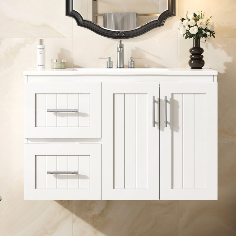 Meuble-lavabo mural 36 po, rangement flottant avec 2 tiroirs et lavabo en céramique 3 trous, Blanc