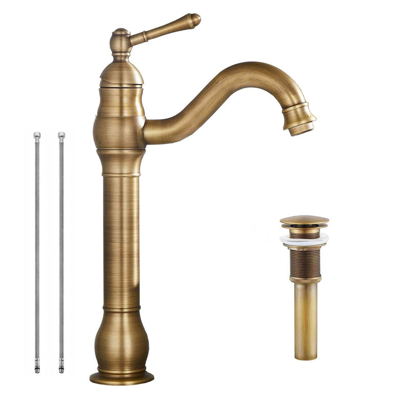 Bathroom Vessel Faucet  360° Swivel Bowl Sink Faucet Single Hole 1 Handle Matching Pop Up Drain Stopper, Antique Brass