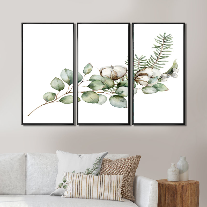 Bouquet de Noël avec branches d'eucalyptus - Peinture sur toile 3 pièces, Noir, H 28 po x l 36 po