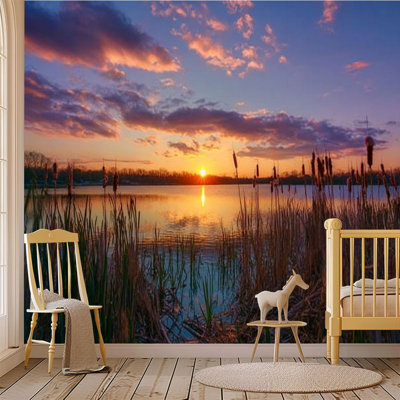 Peel and Stick Canvas Wallpaper Wall Mural Sun Horizon Quiet Water Cattails Wall Art Self Adhesive and Removable