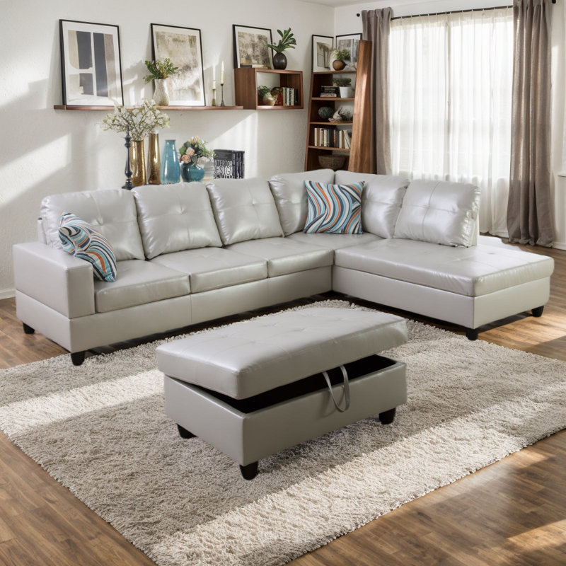 Canapé et chaise longue avec repose-pieds Beesley, Orienté à droite, Noir, Similicuir gris pâle poudré