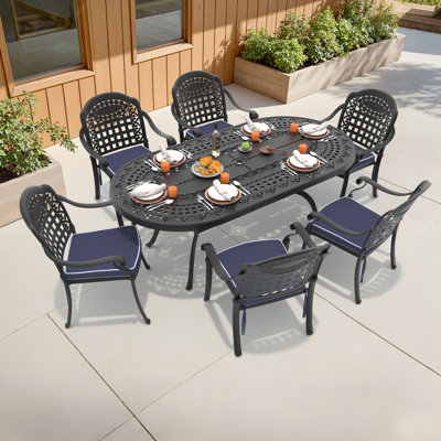 81.89"L Oval Outdoor Dining Table with Umbrella Hole & 6 Stackable Chairs with Blue Cushions, 7- Piece Set