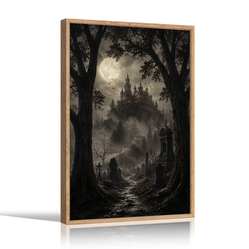 Impression sur toile, "Gothic Castle on Hill with Full Moon And Misty Halloween", H 36 po x l 24 po