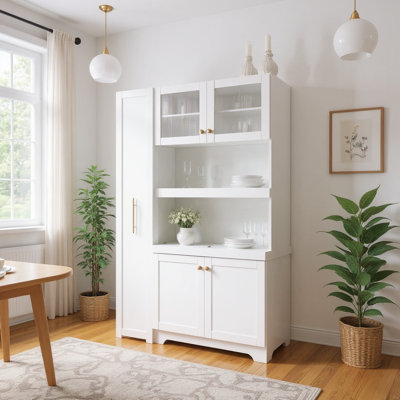 Farmhouse Kitchen China Cabinet with Expandable Pull-Out Organizer, Glass Doors & Multi-Tier Storage