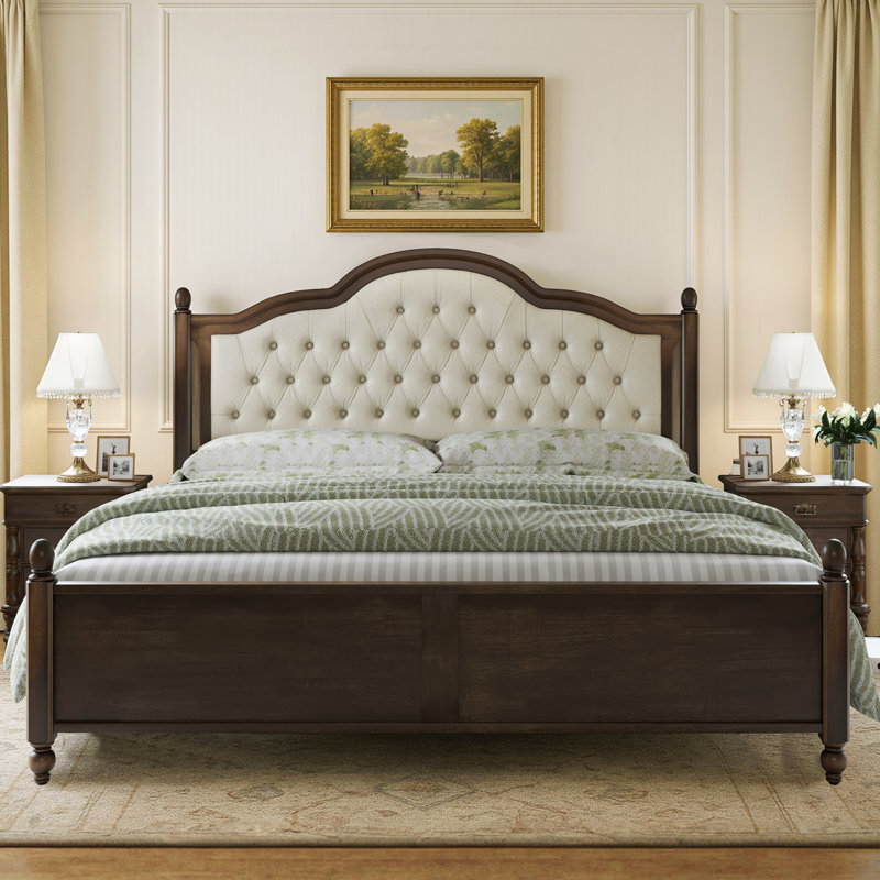 Bilal Queen Size Solid Wood Upholstered Platform Bed,Walnut, Queen, Walnut