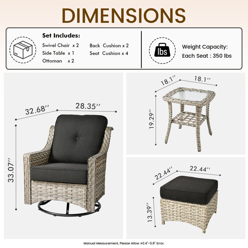 Ensemble de conversation en rotin pour 4 personnes avec chaises berçantes pivotantes, Noir