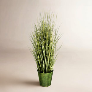 Artificial Green Grass in Metal Pot  (Set of 2)