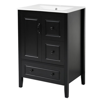 Meuble-lavabo avec lavabo Roomfitter, armoire simple avec porte à fermeture douce et trois tiroirs à fermeture douce, poignées rétro