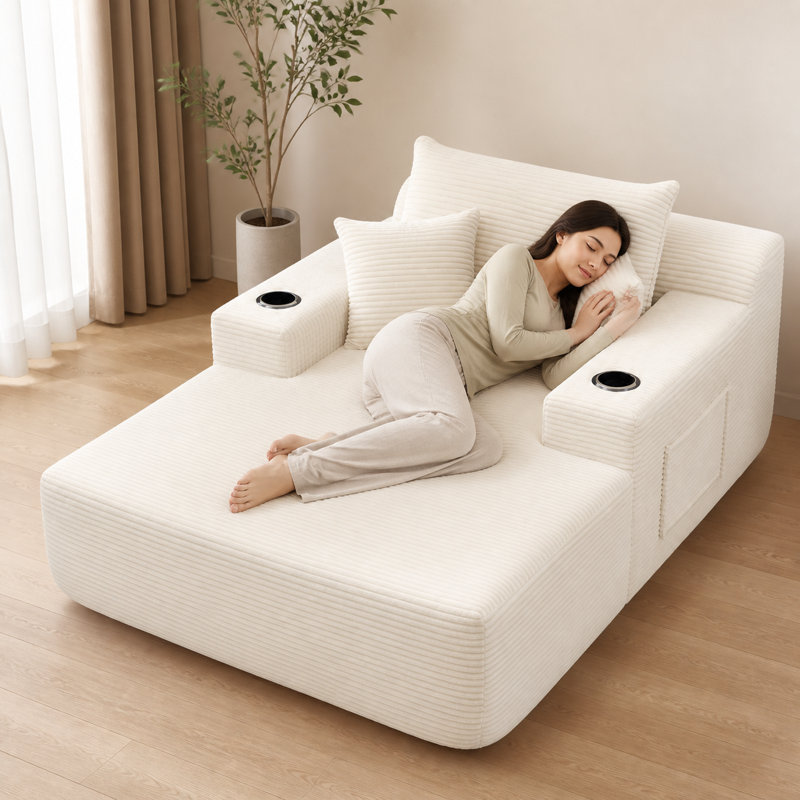Chaise longue surdimensionnée en velours côtelé sans dossier, 170 cm de profondeur, avec 3 coussins, 2 porte-gobelets et une poche latérale, aucun assemblage requis, blanche