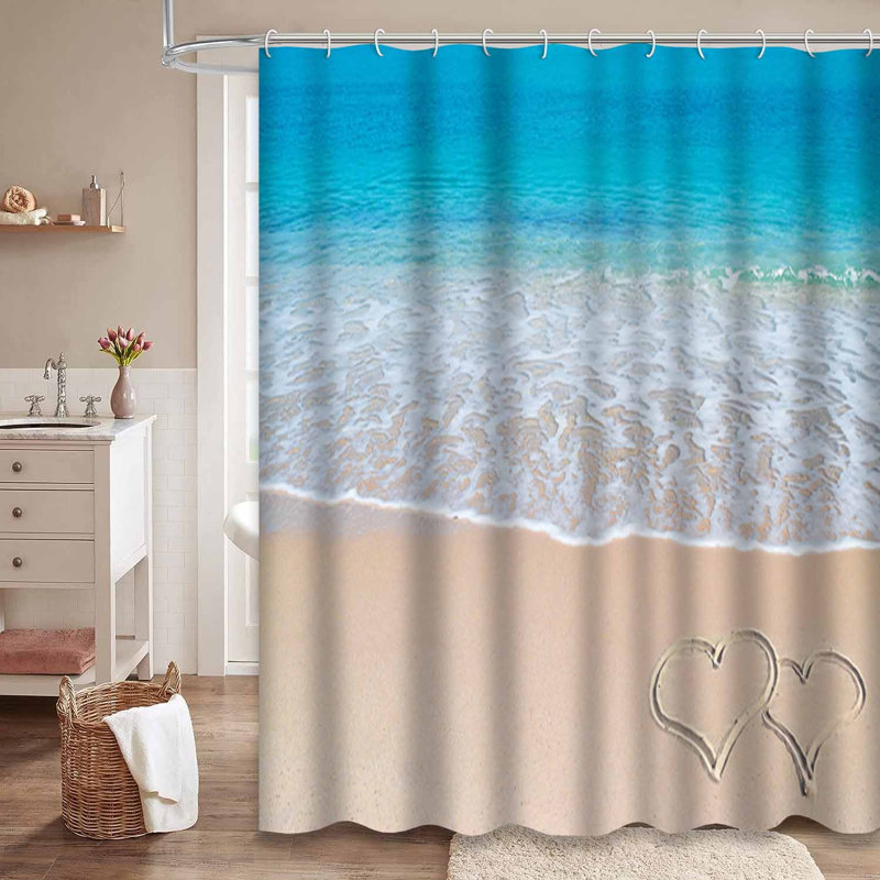 Turquoise, sable doré, sable doré, deux cœurs, plage dessiné avec 12 crochets, L 72 po x l 78 po