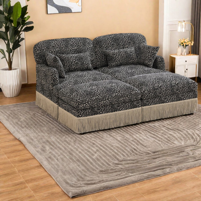 Modular Deep Seat Sofas, Chenille Leopard Modern Loveseat For Home