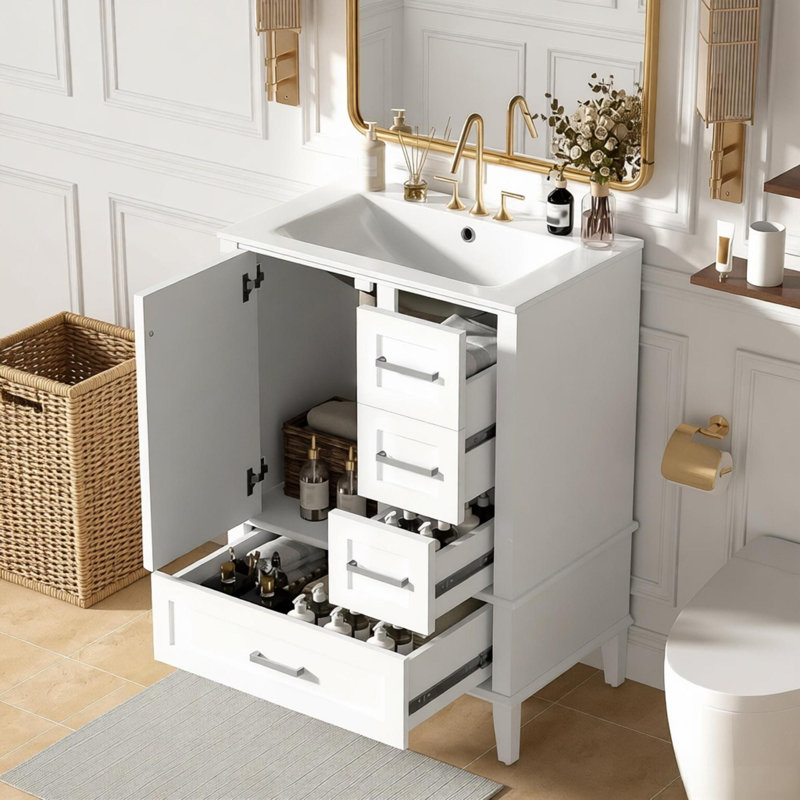 Meuble-lavabo de 24,8 po avec lavabo en céramique, armoire autoportante moderne avec porte à fermeture en douceur, tiroir profond, tiroir peu profond et tiroir large pour un rangement peu encombrant