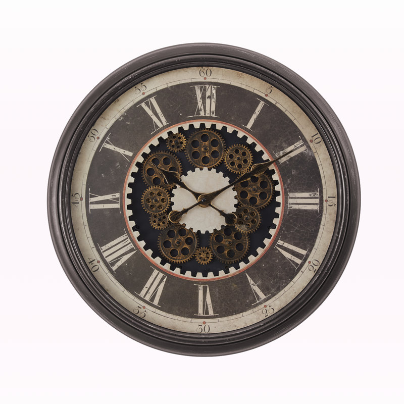 Dilara Round Gear Mechanism Wall Clock in Brown, Transitional Style