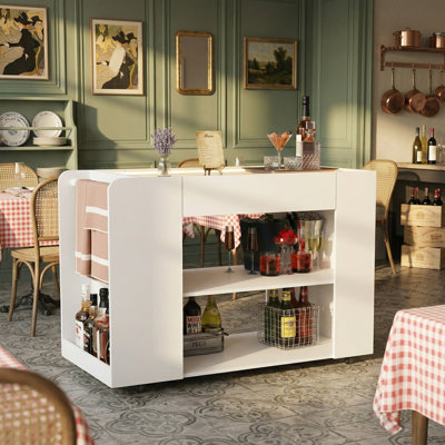Chariot-bar de cuisine mobile à 2 tiroirs de 47,8 po de largeur avec plateau en verre à lumière DEL