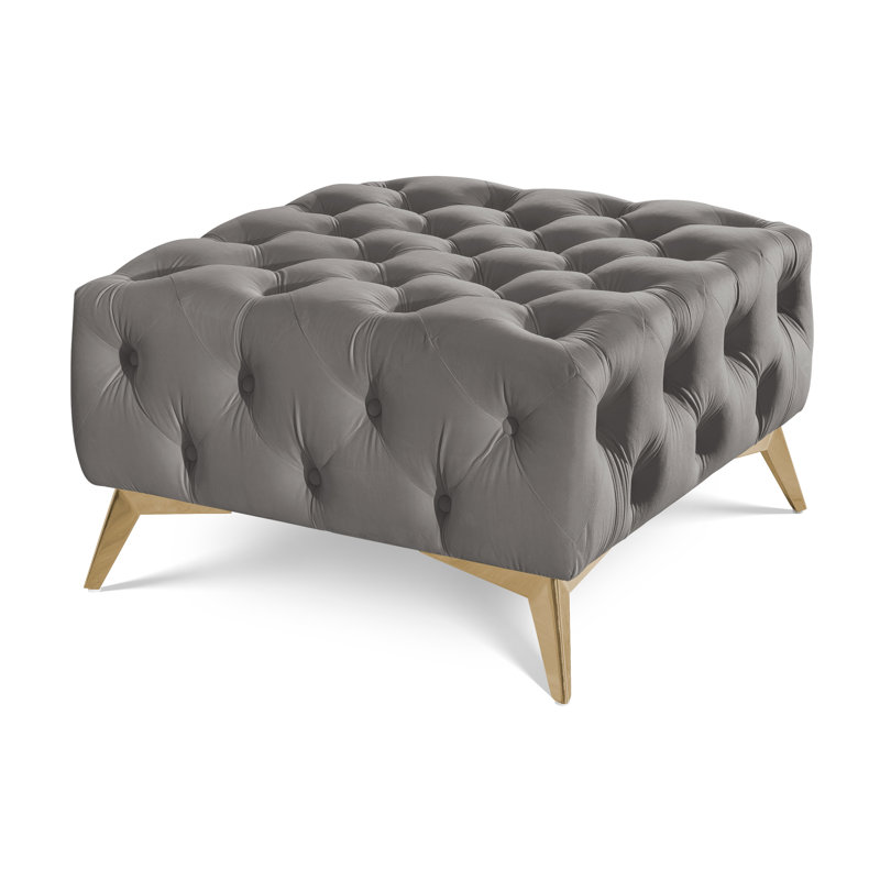 Whitby 80cm Wide Velvet Tufted Square No Pattern Footstool Ottoman, Gold, Grey